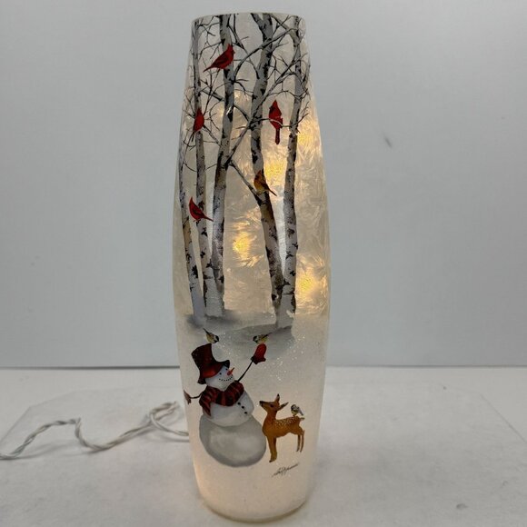 Stony Creek Lighted Glass Snowman Vase 12" Cardinals Deer Winter Scene BFX8209 - Picture 10 of 12